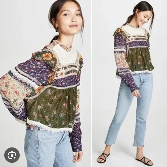 Farm rio Purple and Cream Tiered Ruffled Blouse with Bib Collar M - Picture 2 of 5